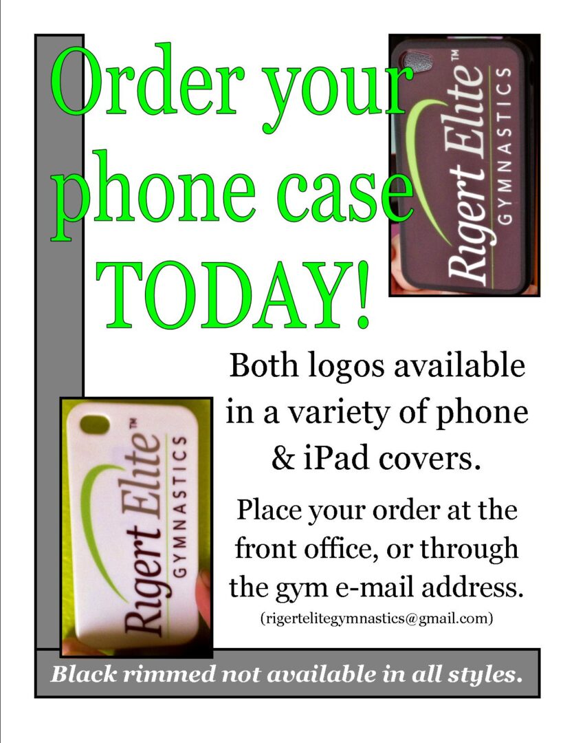 Advertisement for phone and ipad cases with an email for placing orders, featuring the text "order your phone case today!" and an image of a green and black phone case.