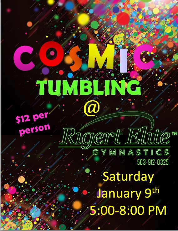 A poster for cosmic tumbling at rigert elite gymnastics.