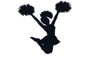 A cheerleader jumping in the air with her pom poms.