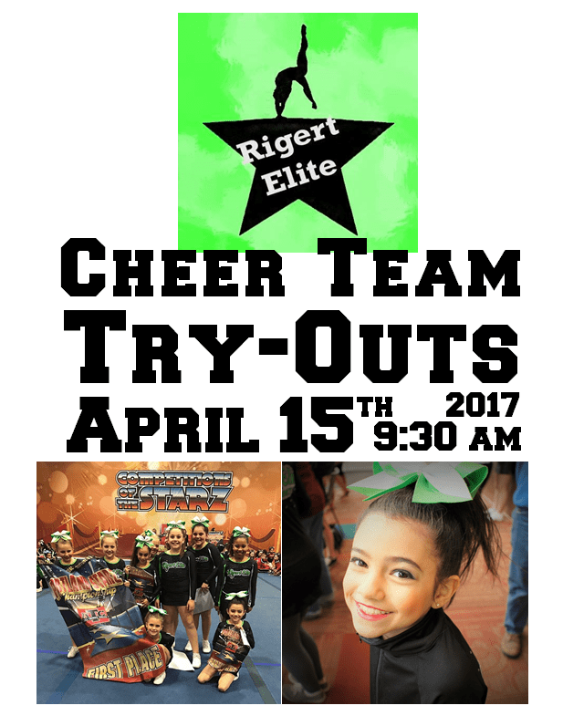 A poster with pictures of people and the words " cheer team try-outs ".