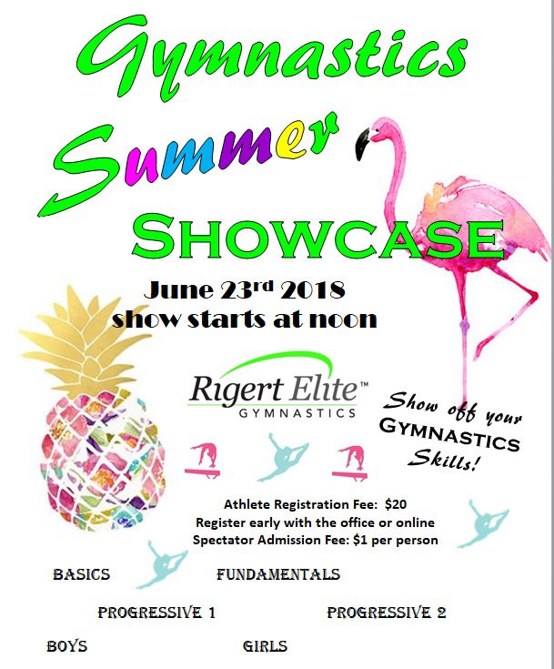 A poster for the gymnastics summer showcase.