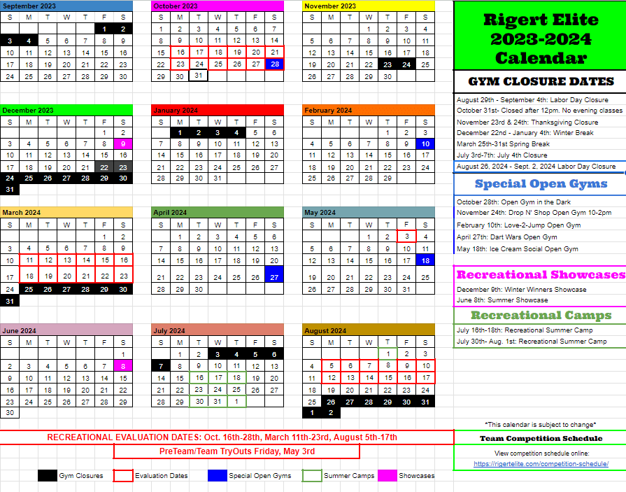 A calendar with different colors and dates.