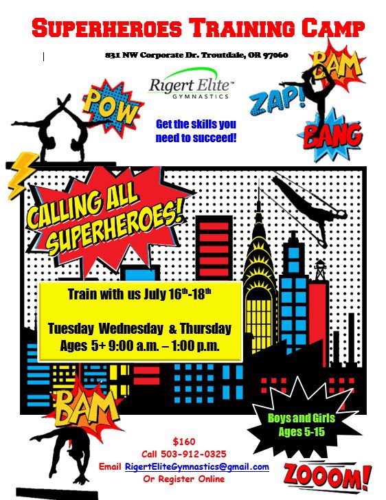 Superhero training camp for kids ages 5-15.