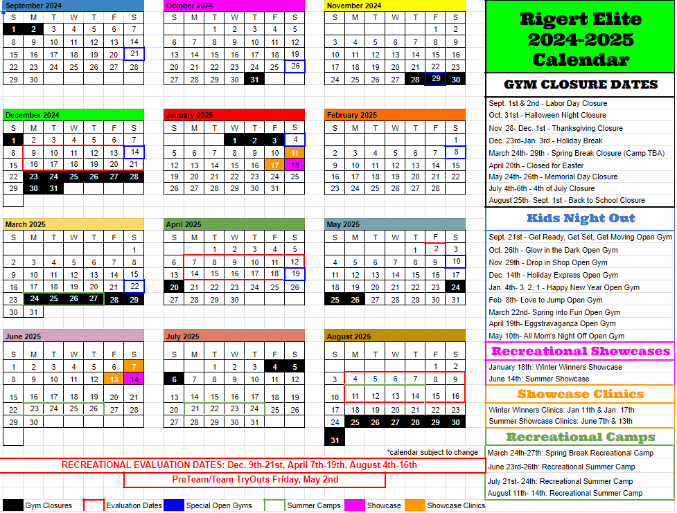 2024-2025 Rigert Elite gym calendar.