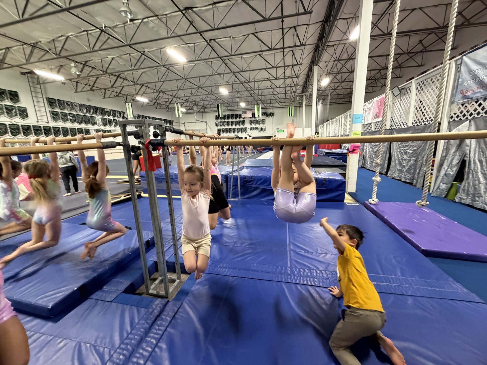 Kids hanging from gymnastics bar on blue mats