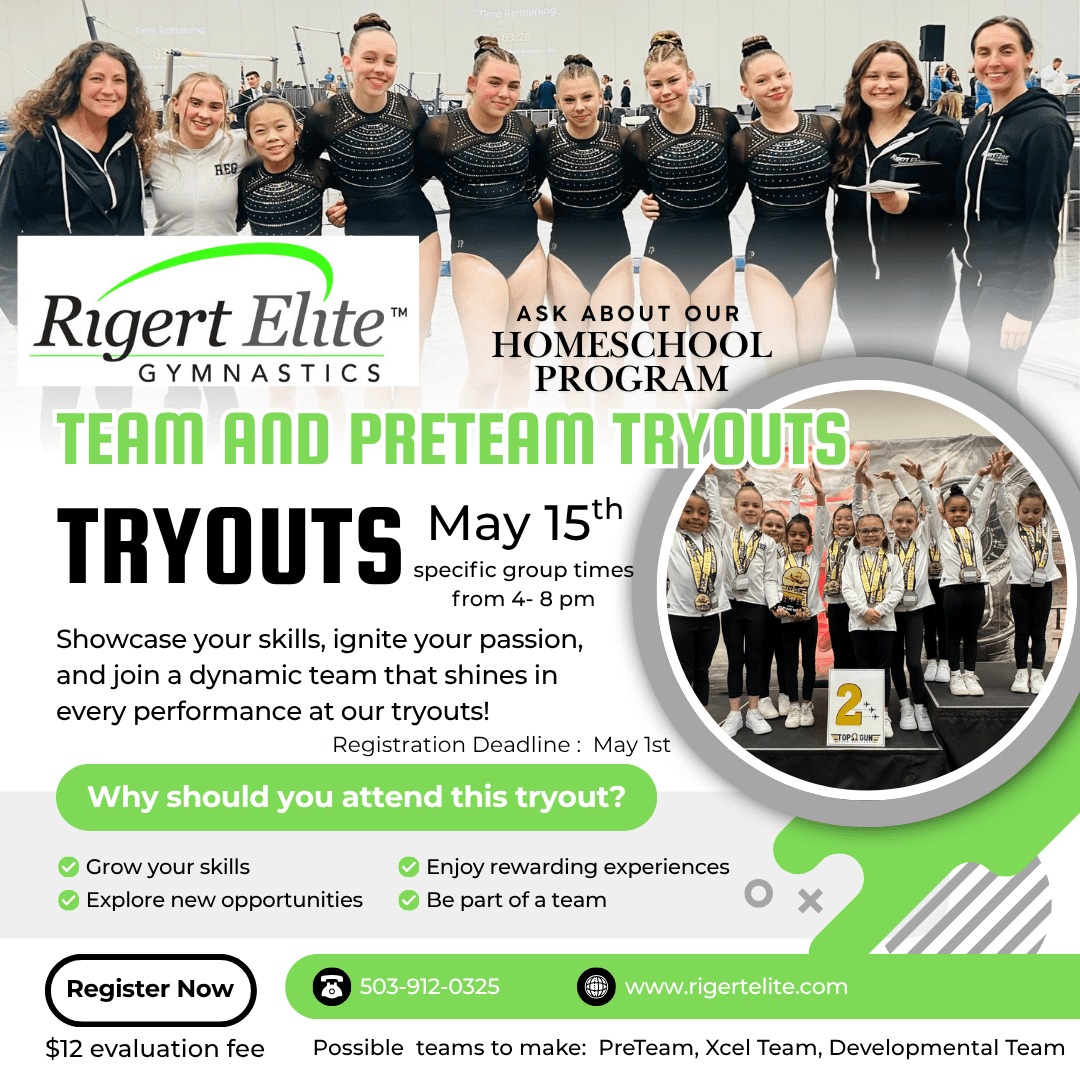 Rigert Elite gymnastics team tryouts flyer